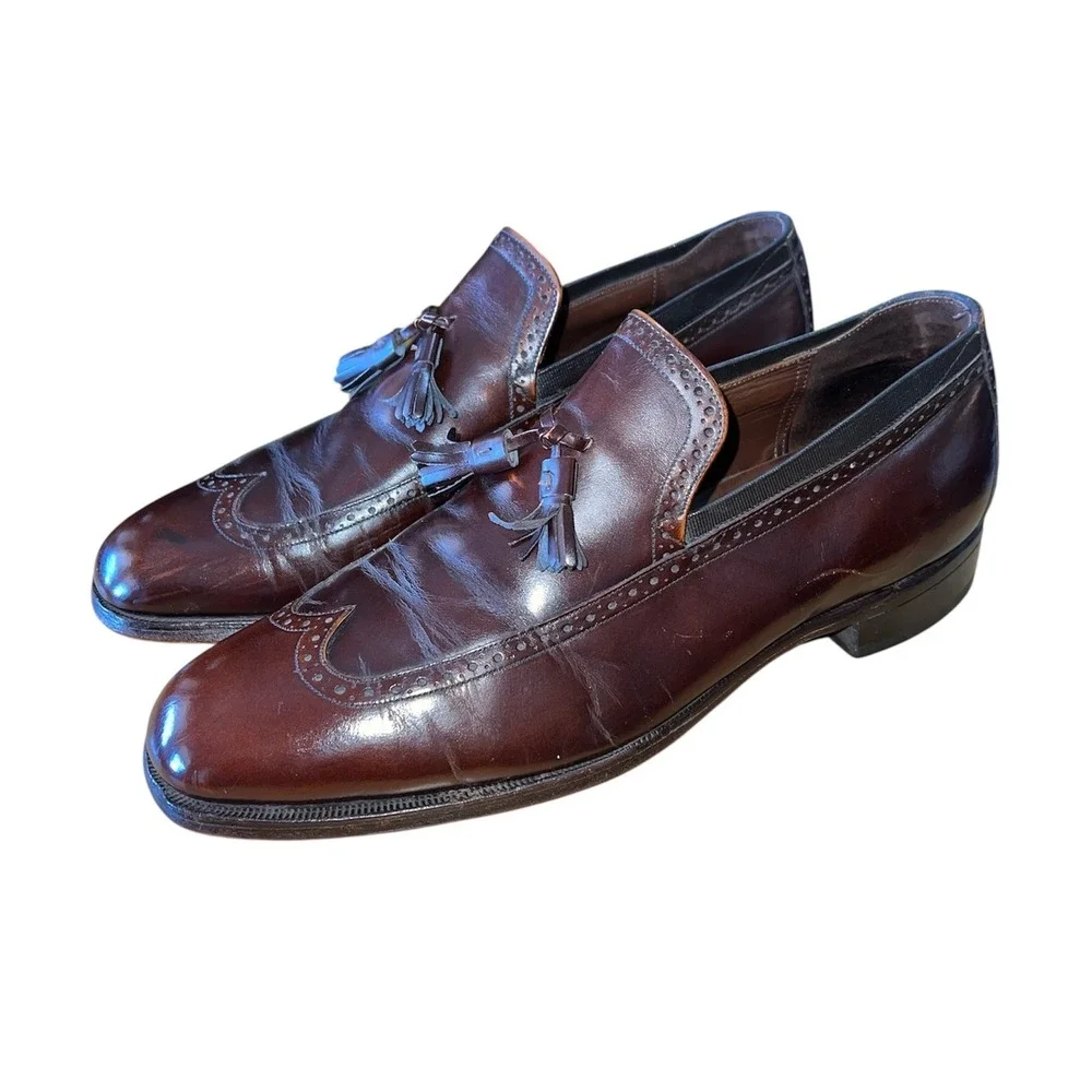 Johnston & Murphy Tassel Loafers Mens Size 10 Burgundy Leather Wingtip Brogue
